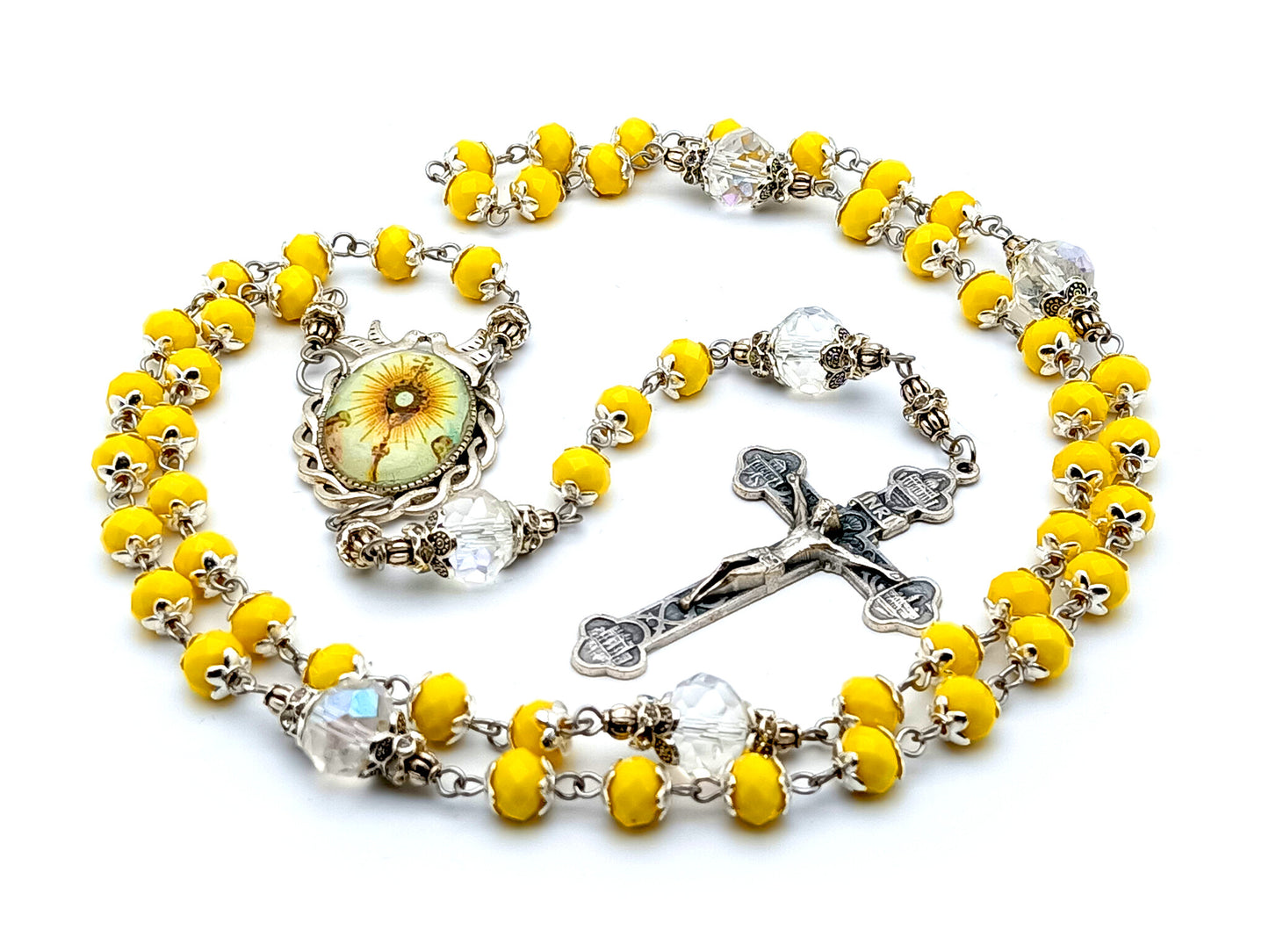 The Blessed Sacrament glass and crystal rosary beads with four Basilica crucifix and Holy Spirit dove center medal.