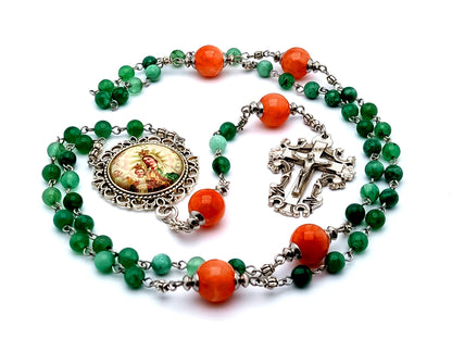 Our Lady of Mount Carmel agate gemstone rosary beads with filigree crucifix and jade Our Father beads.