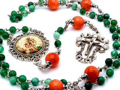 Our Lady of Mount Carmel agate gemstone rosary beads with filigree crucifix and jade Our Father beads.