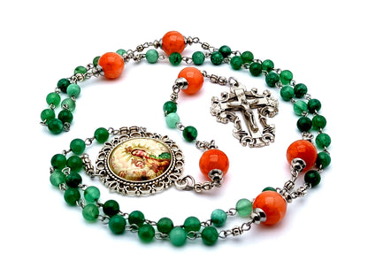 Our Lady of Mount Carmel agate gemstone rosary beads with filigree crucifix and jade Our Father beads.