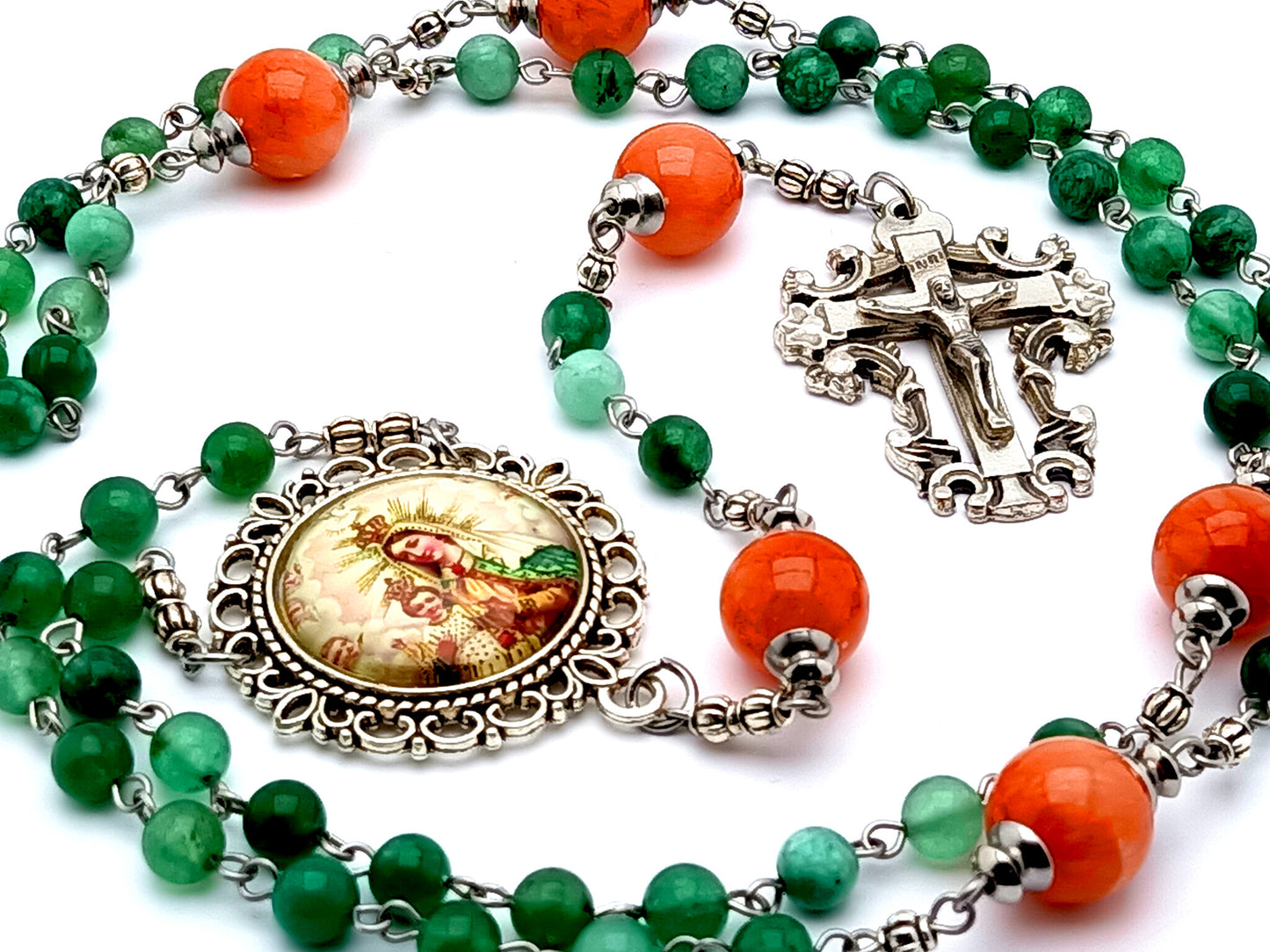 Our Lady of Mount Carmel agate gemstone rosary beads with filigree crucifix and jade Our Father beads.