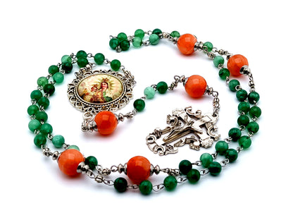 Our Lady of Mount Carmel agate gemstone rosary beads with filigree crucifix and jade Our Father beads.