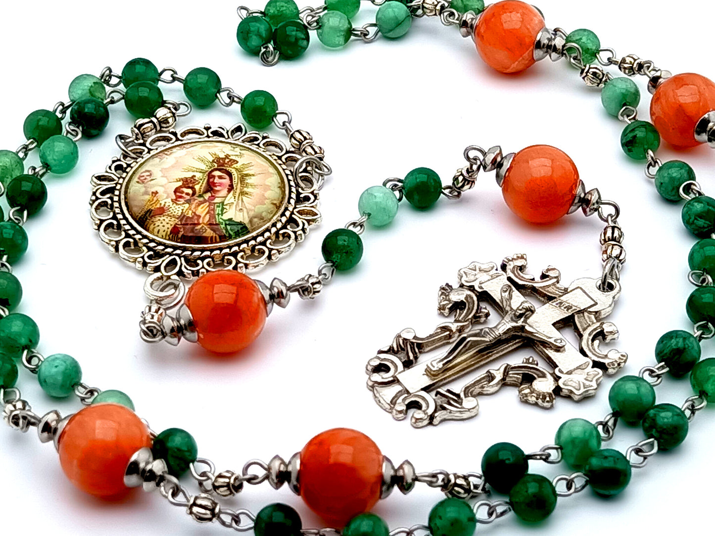 Our Lady of Mount Carmel agate gemstone rosary beads with filigree crucifix and jade Our Father beads.