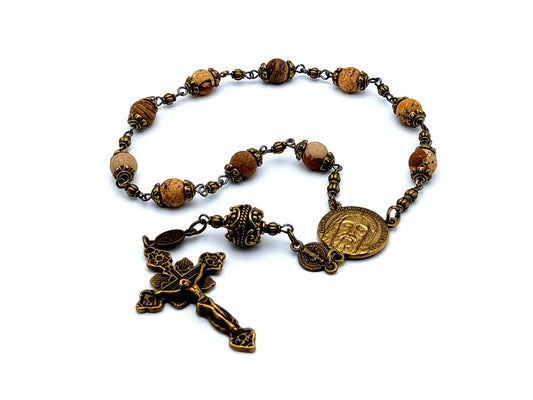 Holy Face of Jesus vintage style jasper gemstone single decade rosary beads with Saint Benedict medal and brass crucifix.