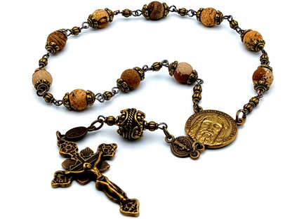 Holy Face of Jesus vintage style jasper gemstone single decade rosary beads with Saint Benedict medal and brass crucifix.