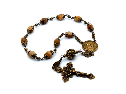 Holy Face of Jesus vintage style jasper gemstone single decade rosary beads with Saint Benedict medal and brass crucifix.