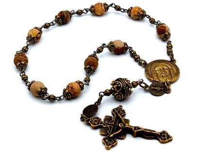 Holy Face of Jesus vintage style jasper gemstone single decade rosary beads with Saint Benedict medal and brass crucifix.