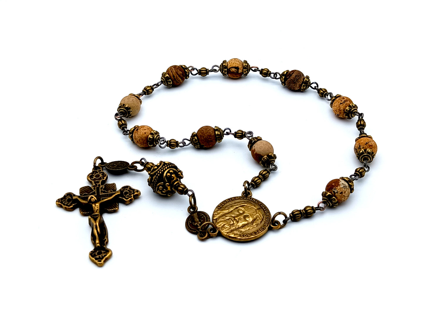 Holy Face of Jesus vintage style jasper gemstone single decade rosary beads with Saint Benedict medal and brass crucifix.