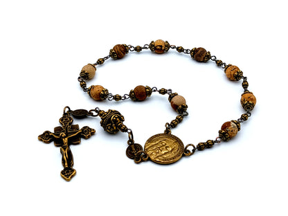 Holy Face of Jesus vintage style jasper gemstone single decade rosary beads with Saint Benedict medal and brass crucifix.