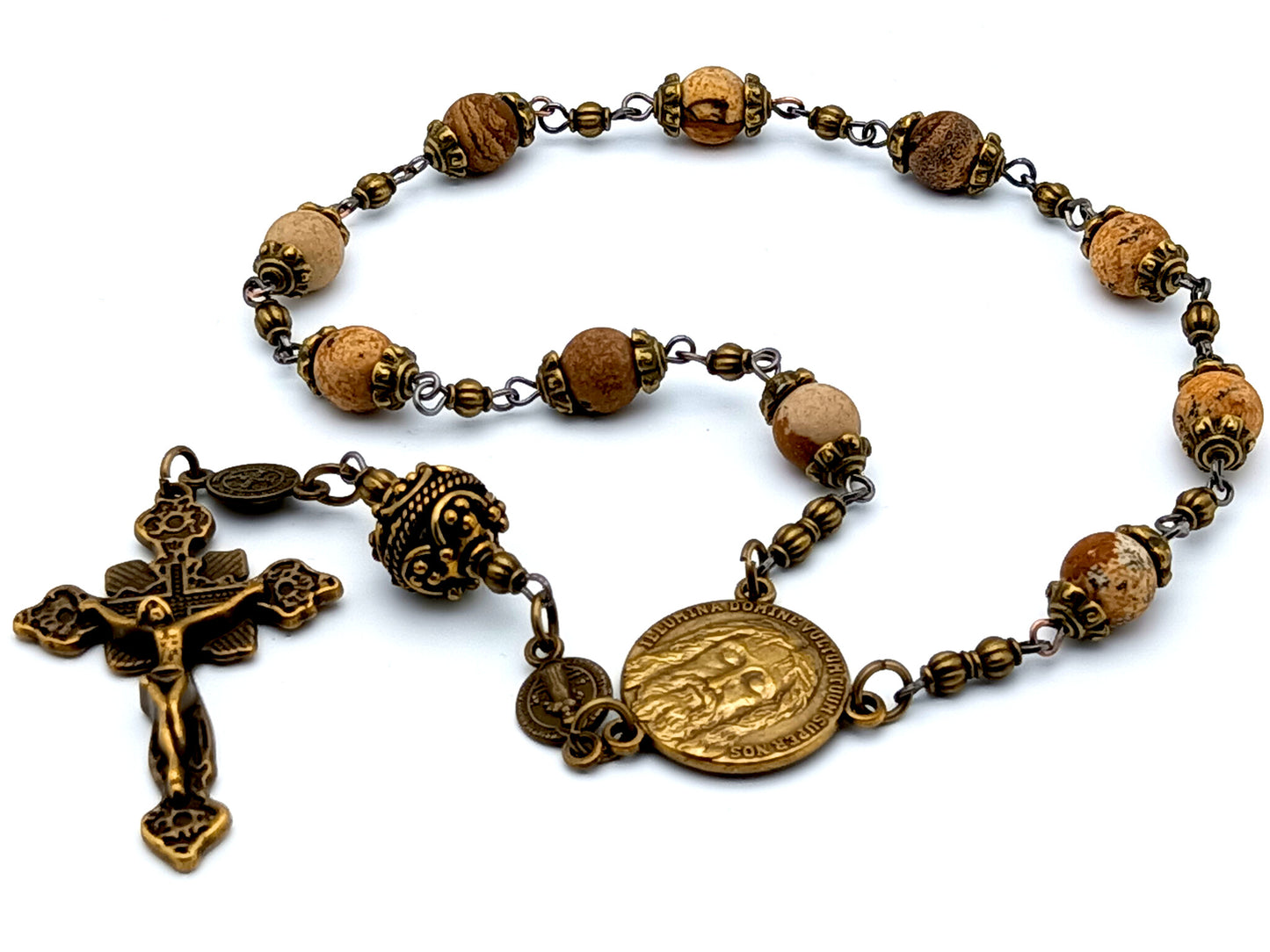 Holy Face of Jesus vintage style jasper gemstone single decade rosary beads with Saint Benedict medal and brass crucifix.