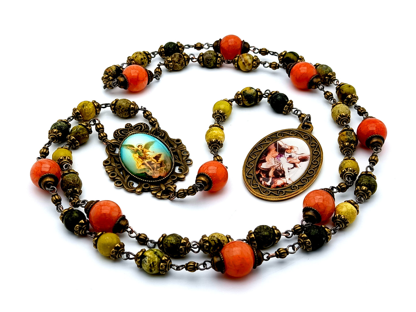 Vintage style Saint Michael jasper gemstone prayer chaplet with large brass Saint Michael picture medal and jade meditation beads.