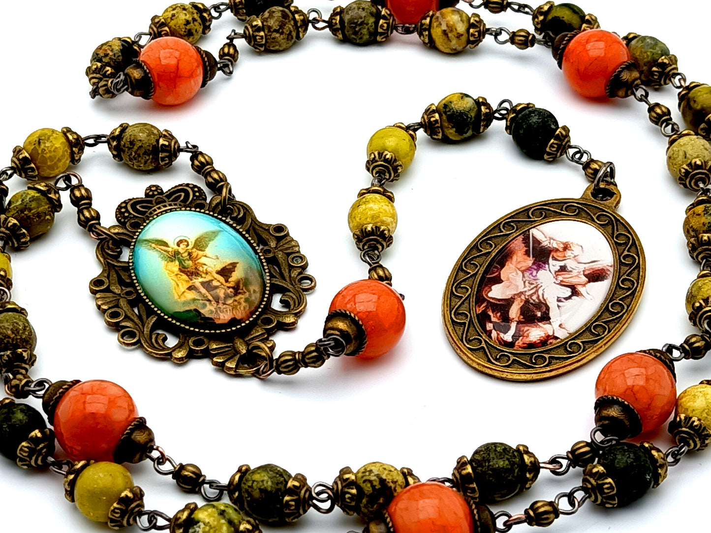 Vintage style Saint Michael jasper gemstone prayer chaplet with large brass Saint Michael picture medal and jade meditation beads.