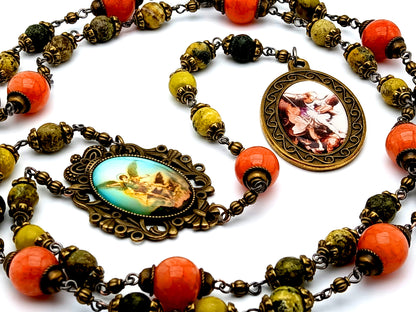 Vintage style Saint Michael jasper gemstone prayer chaplet with large brass Saint Michael picture medal and jade meditation beads.