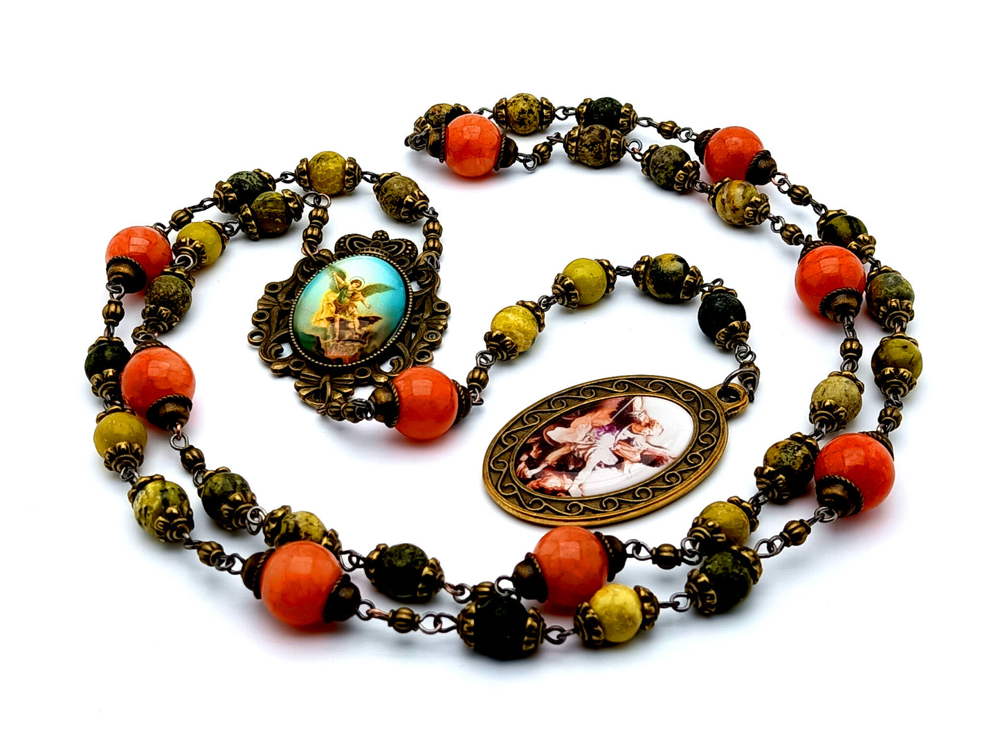 Vintage style Saint Michael jasper gemstone prayer chaplet with large brass Saint Michael picture medal and jade meditation beads.