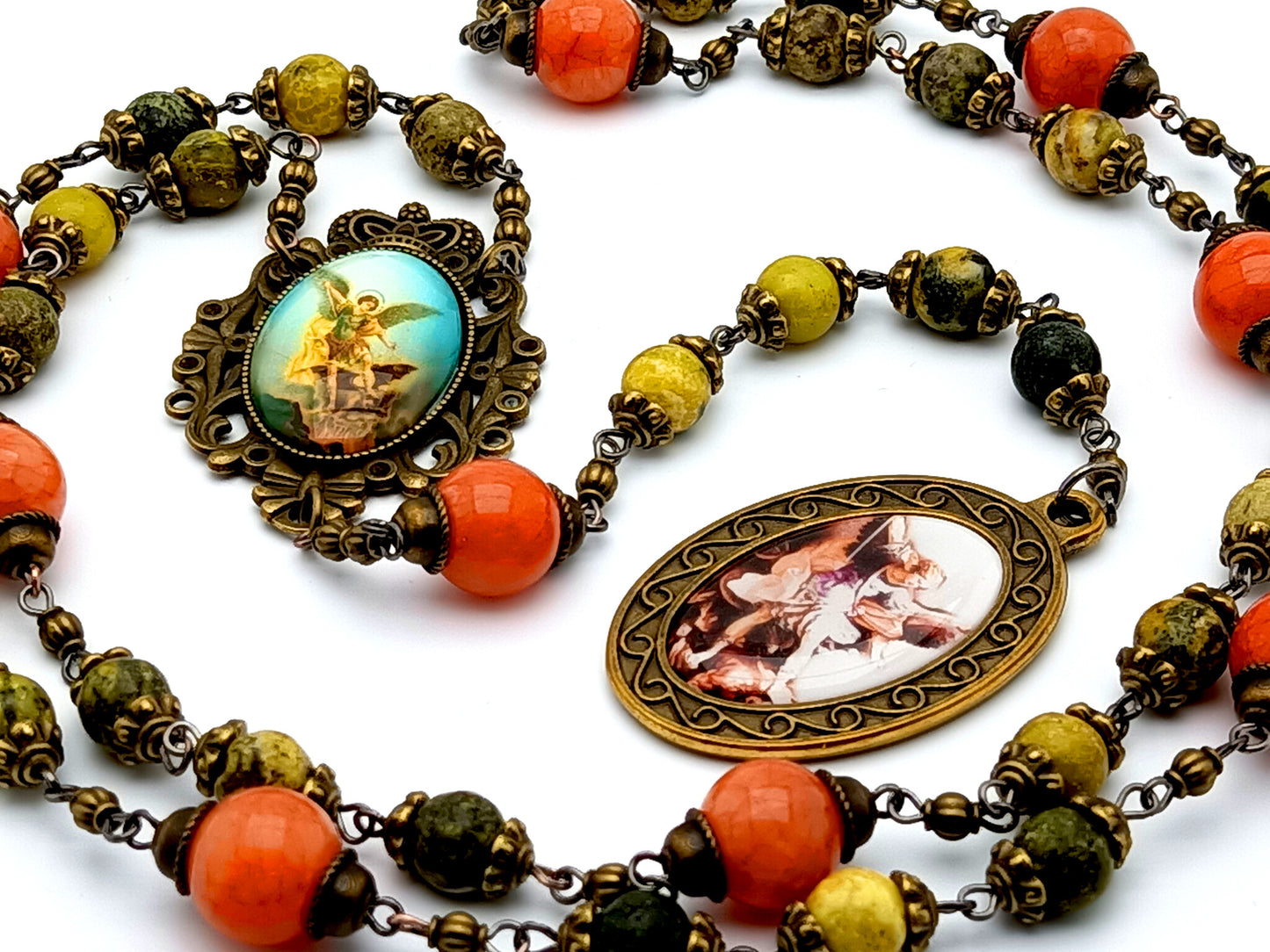 Vintage style Saint Michael jasper gemstone prayer chaplet with large brass Saint Michael picture medal and jade meditation beads.