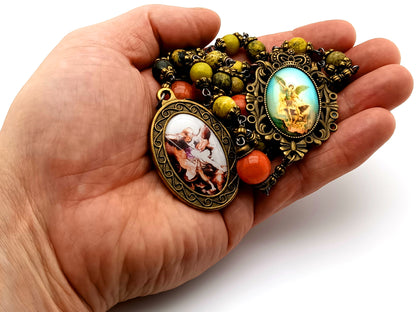 Vintage style Saint Michael jasper gemstone prayer chaplet with large brass Saint Michael picture medal and jade meditation beads.