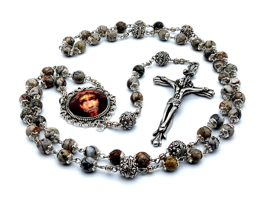 Holy Face of Jesus jasper gemstone rosary beads with large stainless steel crucifix and silver Bali Our Father beads.