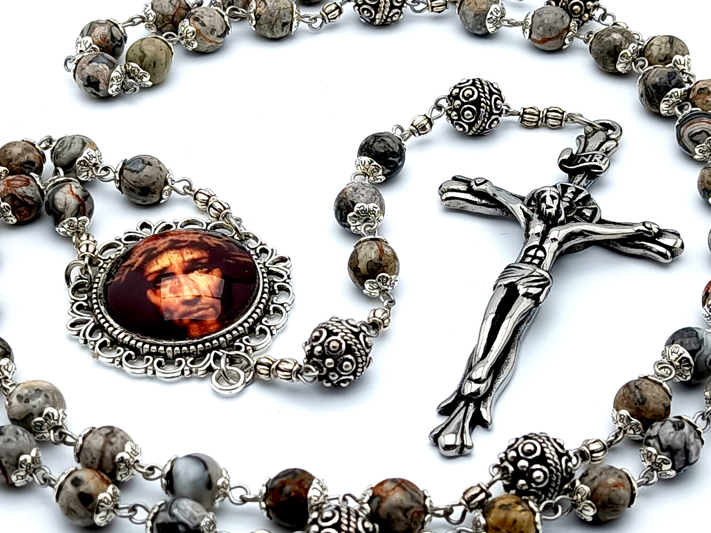 Holy Face of Jesus jasper gemstone rosary beads with large stainless steel crucifix and silver Bali Our Father beads.