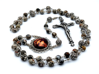 Holy Face of Jesus jasper gemstone rosary beads with large stainless steel crucifix and silver Bali Our Father beads.