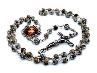 Holy Face of Jesus jasper gemstone rosary beads with large stainless steel crucifix and silver Bali Our Father beads.