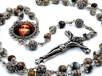 Holy Face of Jesus jasper gemstone rosary beads with large stainless steel crucifix and silver Bali Our Father beads.