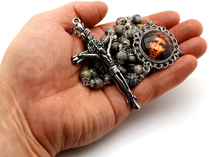 Holy Face of Jesus jasper gemstone rosary beads with large stainless steel crucifix and silver Bali Our Father beads.