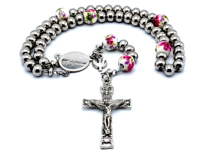 Miraculous medal stainless steel rosary beads with Holy Spirit crucifix and floral porcelain Our Father beads with Holy Spirit medal.