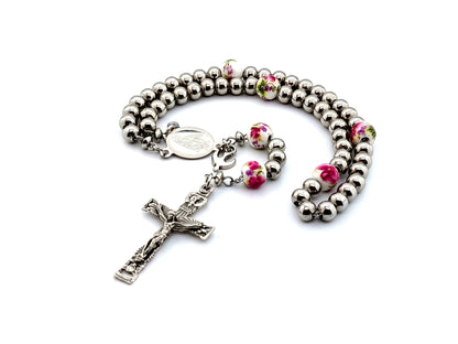 Miraculous medal stainless steel rosary beads with Holy Spirit crucifix and floral porcelain Our Father beads with Holy Spirit medal.