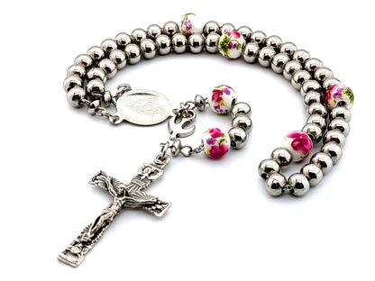 Miraculous medal stainless steel rosary beads with Holy Spirit crucifix and floral porcelain Our Father beads with Holy Spirit medal.