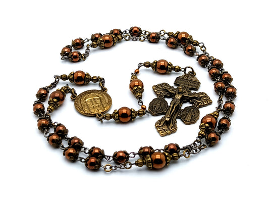 Holy Face prayer chaplet with copper hematite gemstone beads and Pardon crucifix.