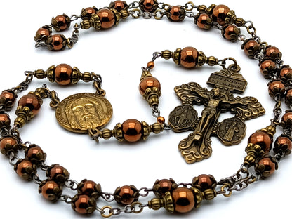 Holy Face prayer chaplet with copper hematite gemstone beads and Pardon crucifix.