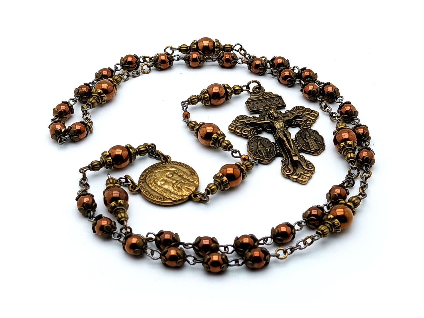 Holy Face prayer chaplet with copper hematite gemstone beads and Pardon crucifix.