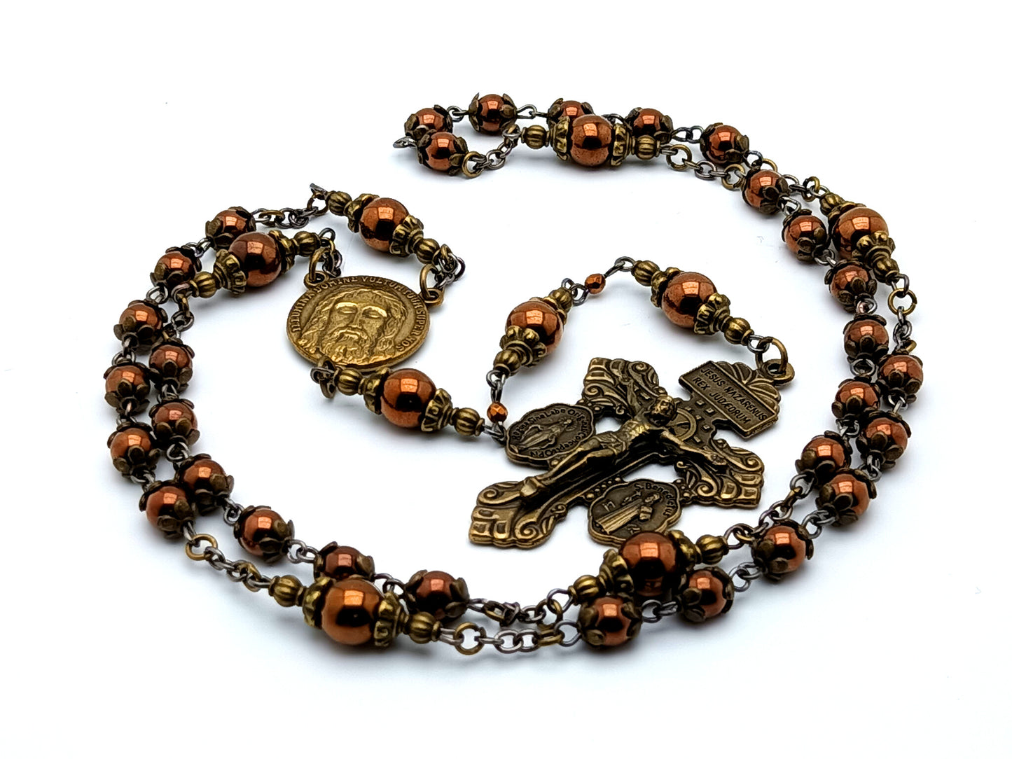 Holy Face prayer chaplet with copper hematite gemstone beads and Pardon crucifix.