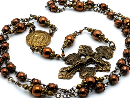 Holy Face prayer chaplet with copper hematite gemstone beads and Pardon crucifix.