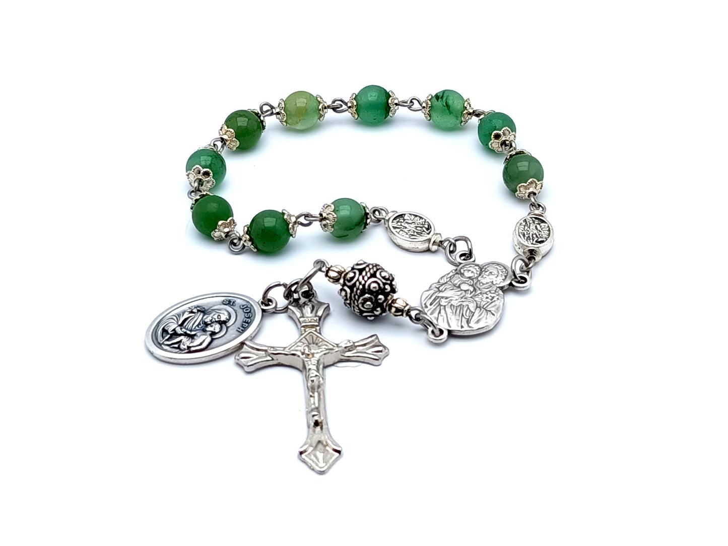 Saint Joseph green agate gemstone single decade rosary beads.