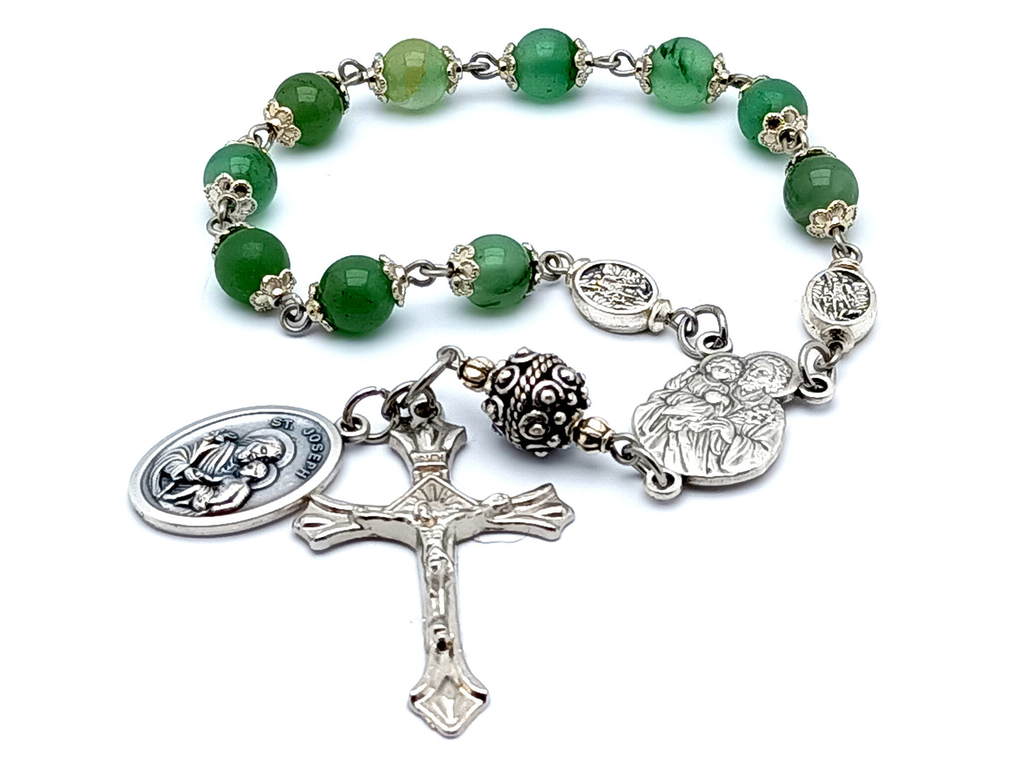 Saint Joseph green agate gemstone single decade rosary beads.