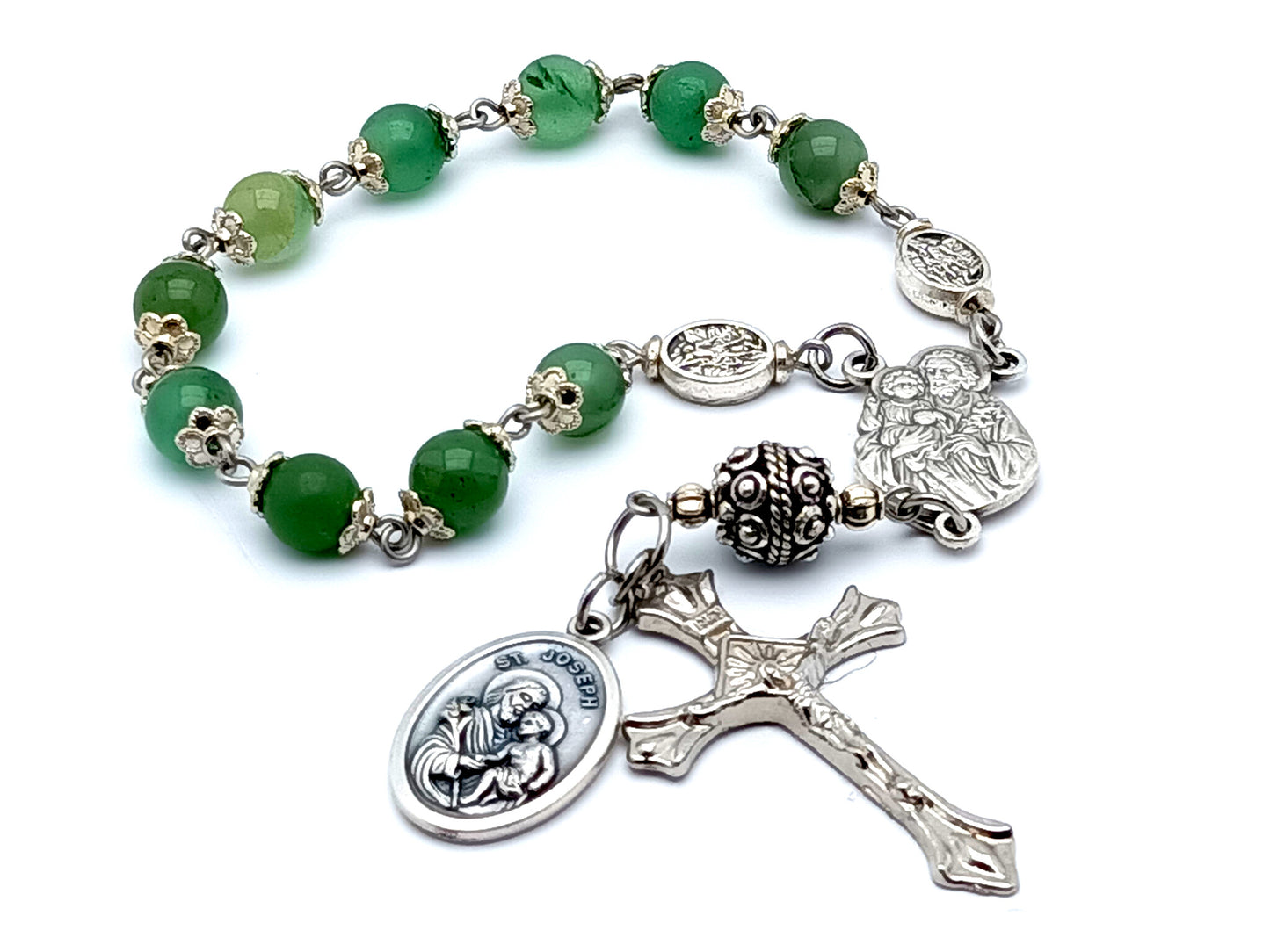 Saint Joseph green agate gemstone single decade rosary beads.