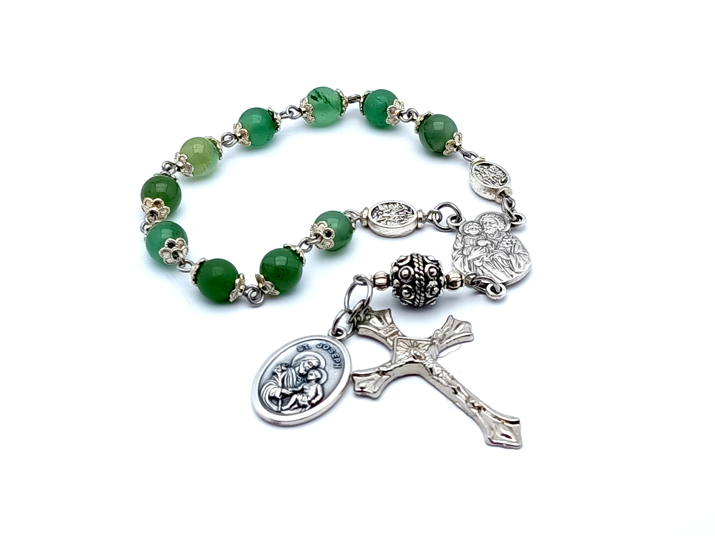 Saint Joseph green agate gemstone single decade rosary beads.