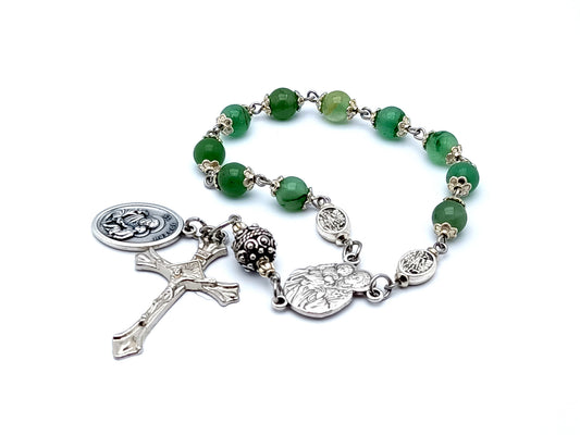 Saint Joseph green agate gemstone single decade rosary beads.