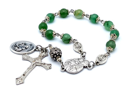 Saint Joseph green agate gemstone single decade rosary beads.