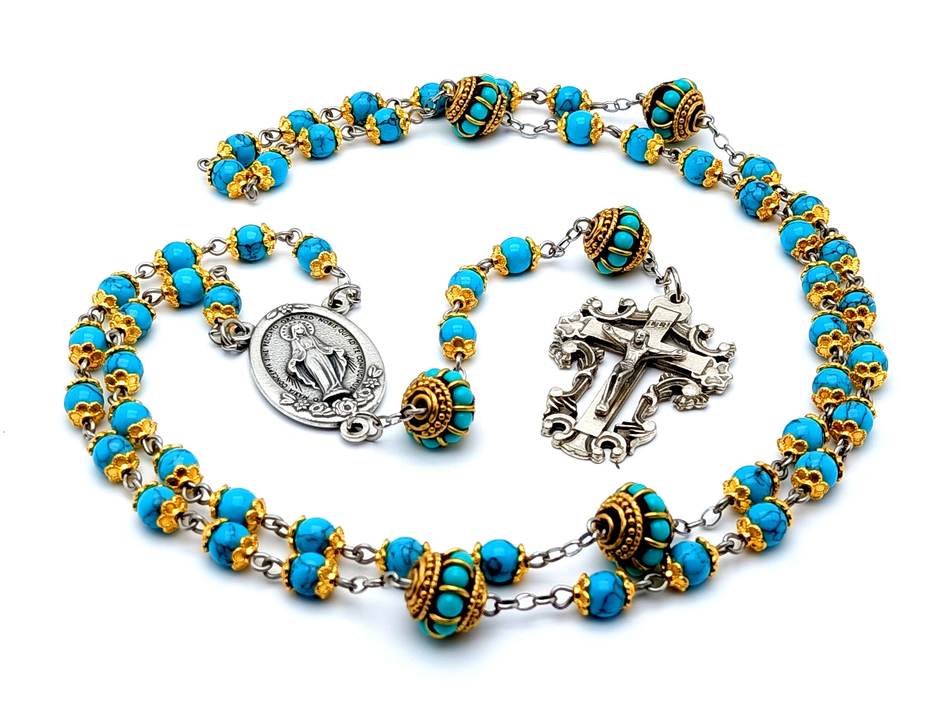 Miraculous medal unique rosary beads turquoise gemstone rosary beads with filigree crucifix and gemstone inset Our Father beads.