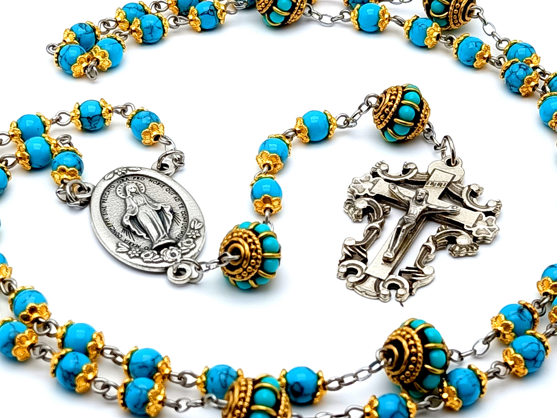 Miraculous medal unique rosary beads turquoise gemstone rosary beads with filigree crucifix and gemstone inset Our Father beads.