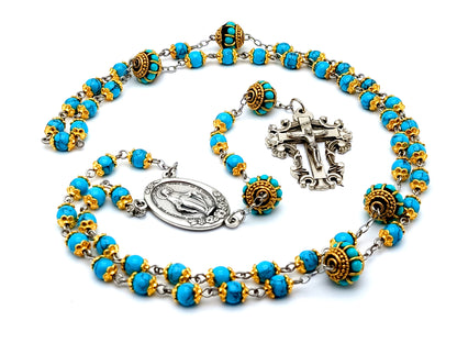 Miraculous medal unique rosary beads turquoise gemstone rosary beads with filigree crucifix and gemstone inset Our Father beads.