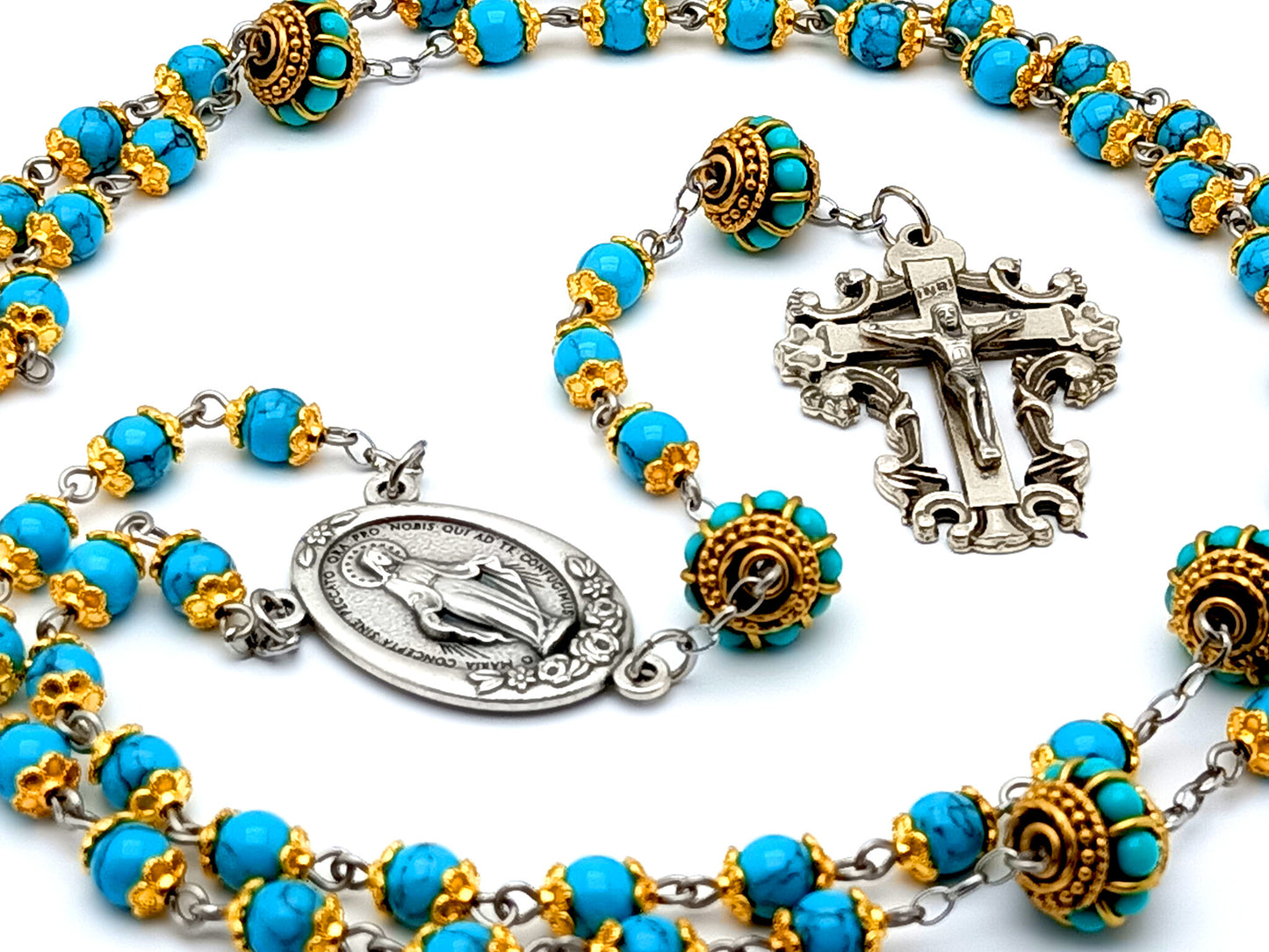 Miraculous medal unique rosary beads turquoise gemstone rosary beads with filigree crucifix and gemstone inset Our Father beads.