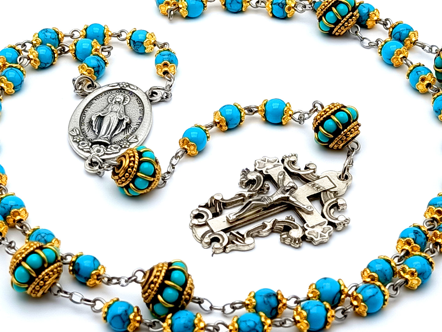 Miraculous medal unique rosary beads turquoise gemstone rosary beads with filigree crucifix and gemstone inset Our Father beads.