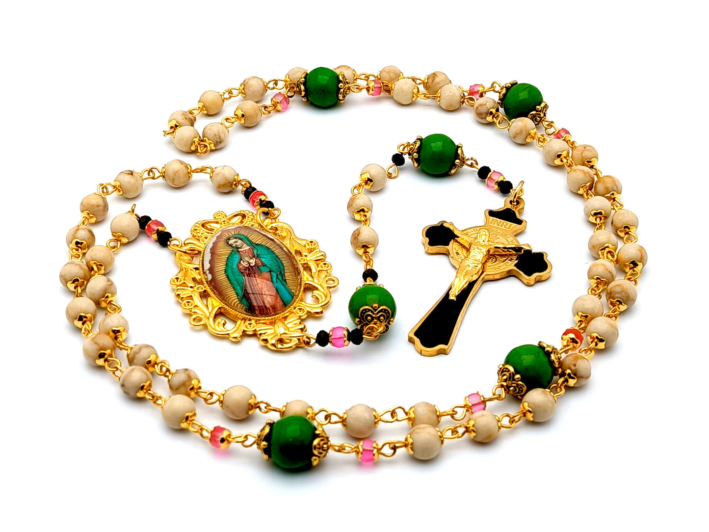 Our Lady of Guadalupe unique rosary beads gemstone rosary beads with Saint Benedict gold plated and enamel crucifix.