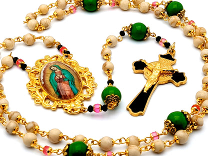 Our Lady of Guadalupe unique rosary beads gemstone rosary beads with Saint Benedict gold plated and enamel crucifix.