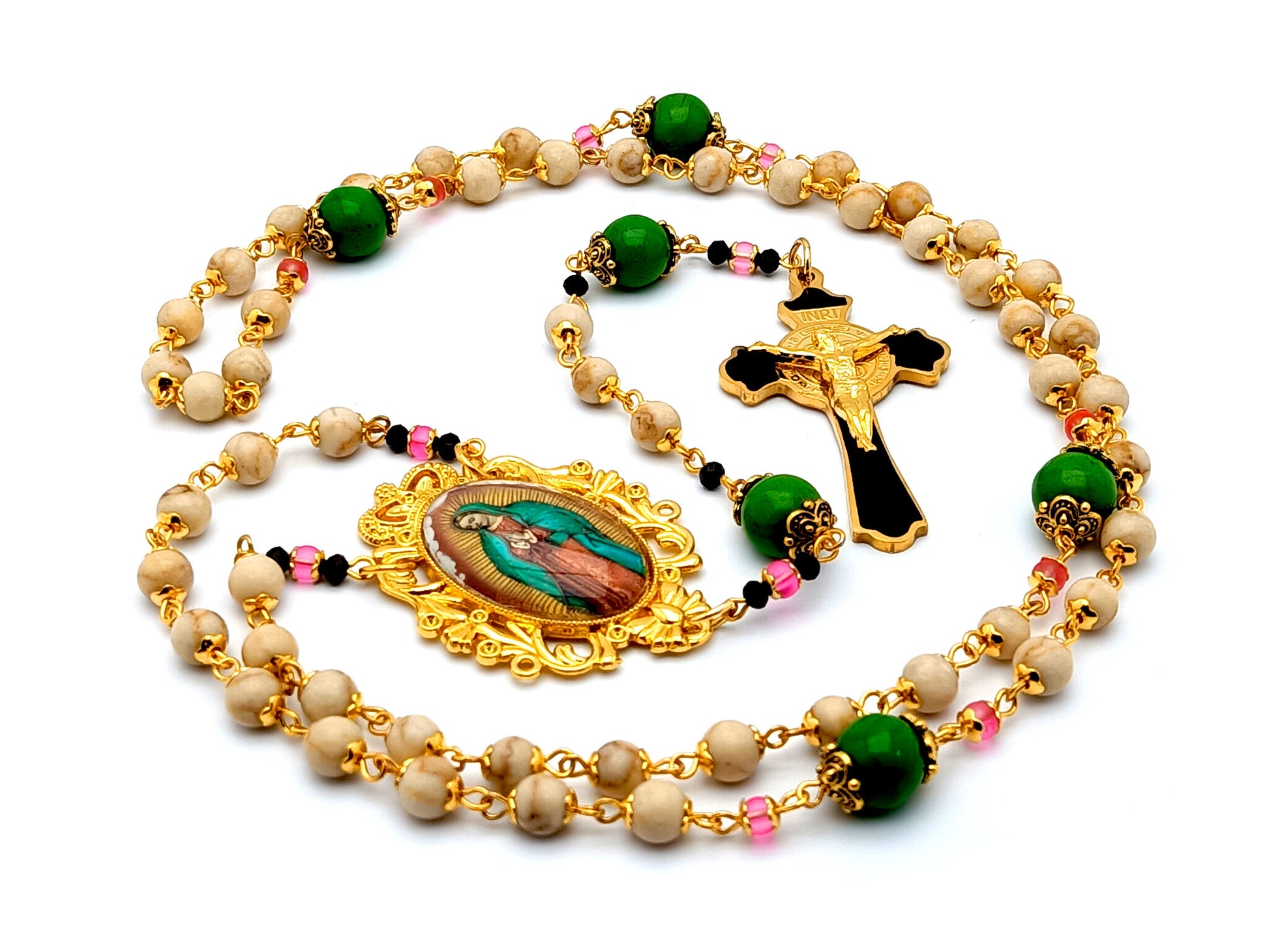 Our Lady of Guadalupe unique rosary beads gemstone rosary beads with Saint Benedict gold plated and enamel crucifix.