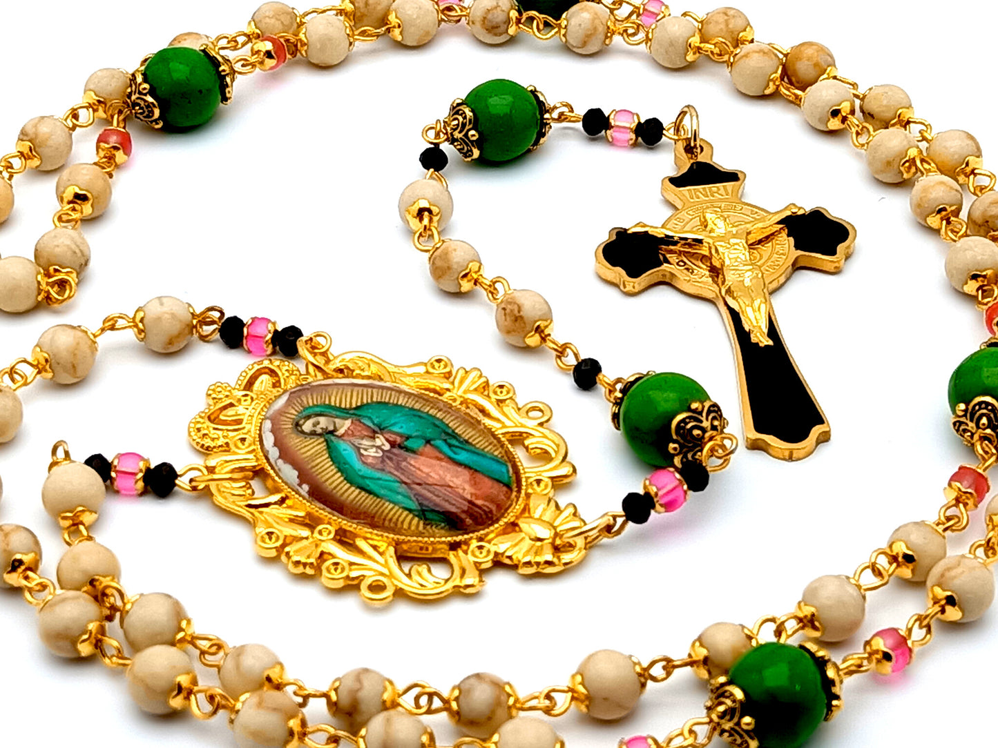 Our Lady of Guadalupe unique rosary beads gemstone rosary beads with Saint Benedict gold plated and enamel crucifix.