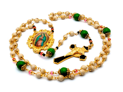 Our Lady of Guadalupe unique rosary beads gemstone rosary beads with Saint Benedict gold plated and enamel crucifix.